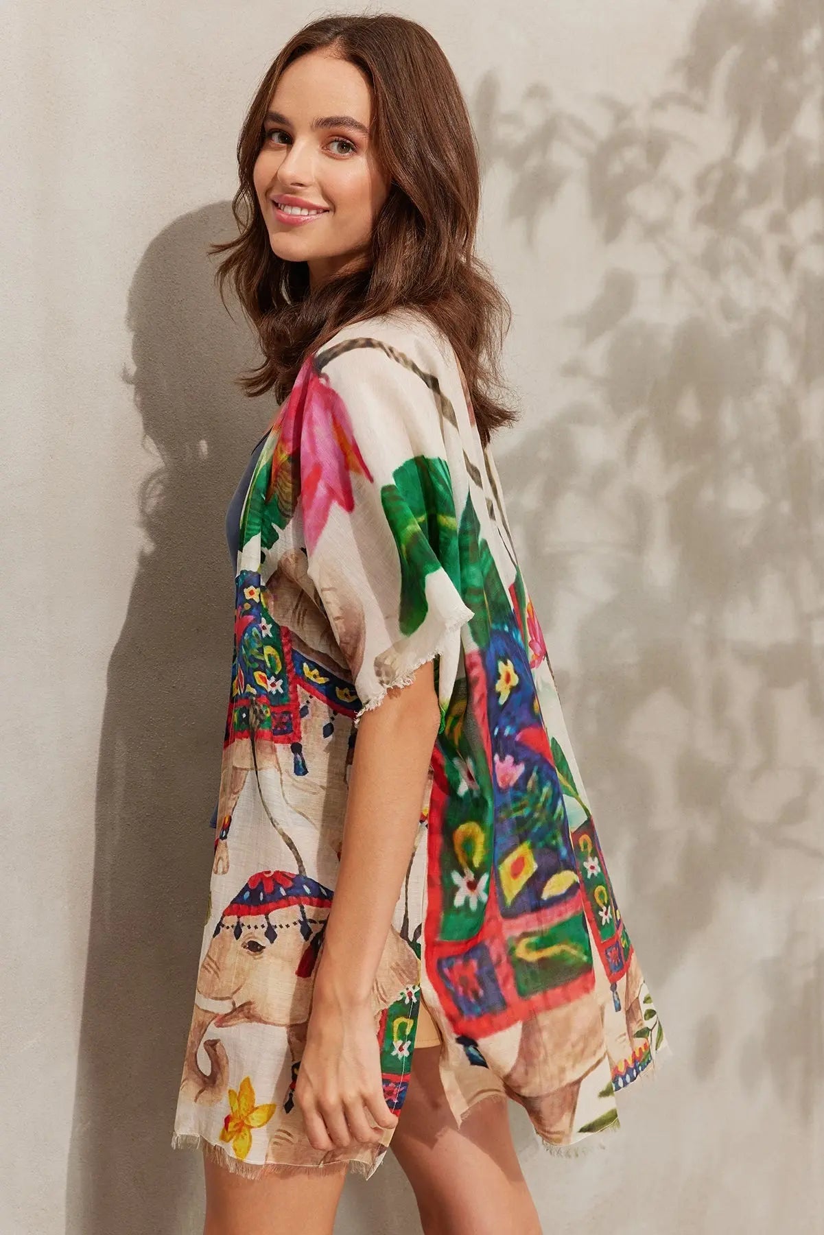 Renkli İpekli Fil ve Yaprak Desenli Kısa Kimono Silk and Cashmere