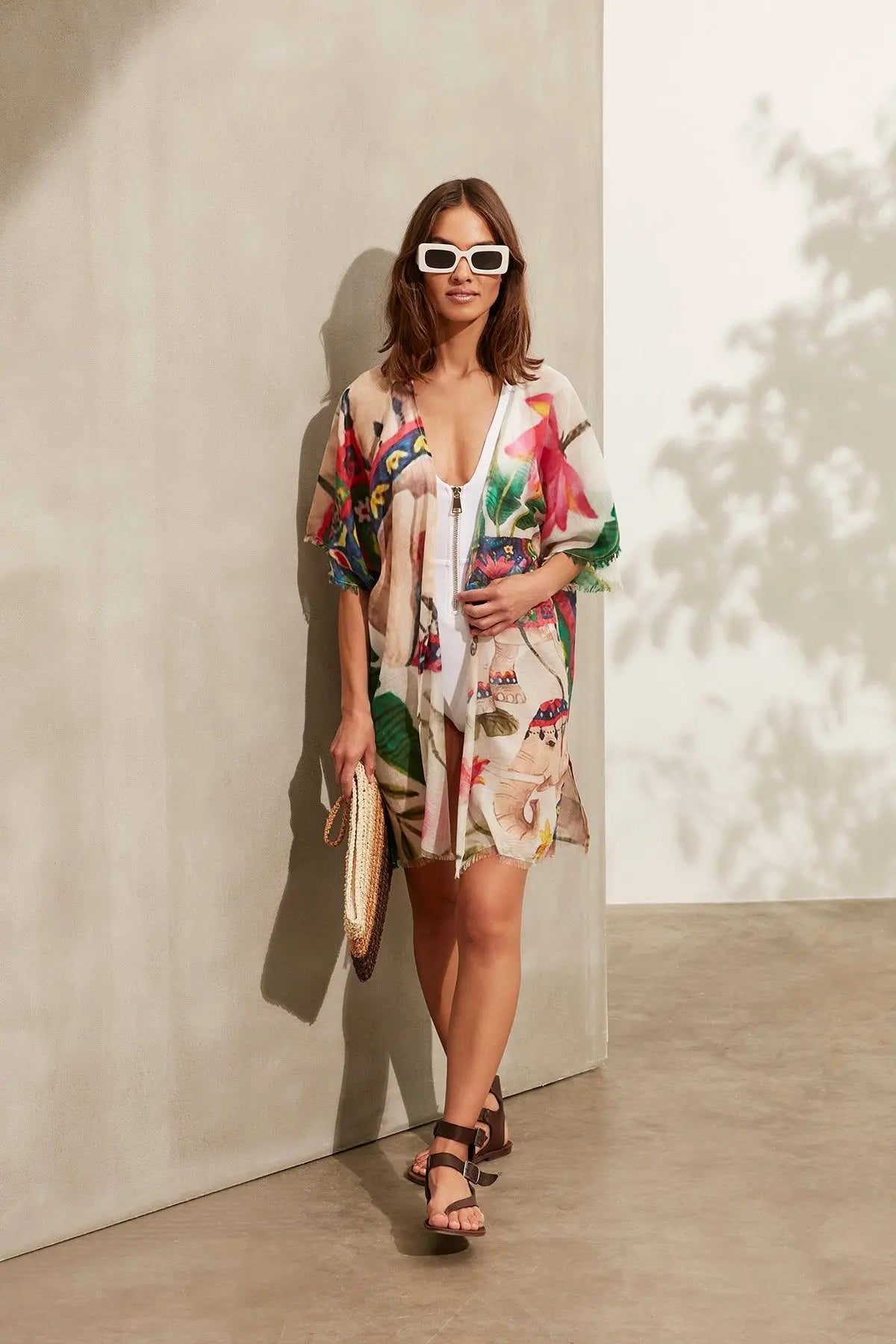 Renkli İpekli Fil ve Yaprak Desenli Kısa Kimono Silk and Cashmere