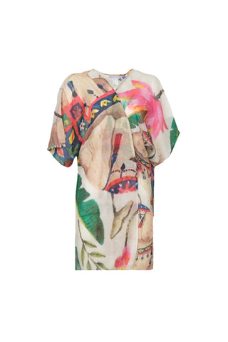 Renkli İpekli Fil ve Yaprak Desenli Kısa Kimono Silk and Cashmere