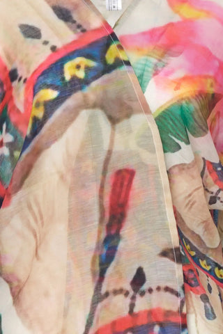 Renkli İpekli Fil ve Yaprak Desenli Kısa Kimono Silk and Cashmere
