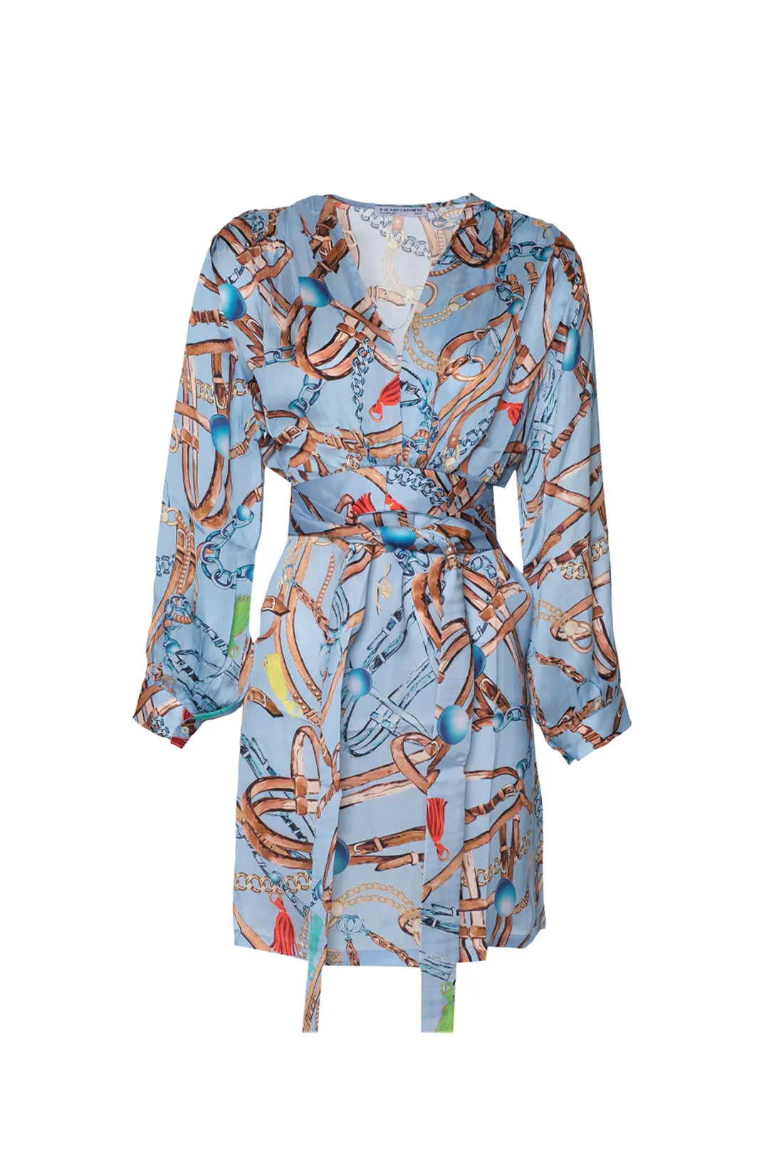 Renkli Jas Cupro V Yaka Uzun Kollu Desenli Elbise Silk and Cashmere