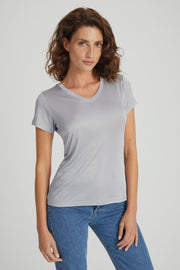 Gri Marina İpekli V Yaka  Kısa Kollu T-Shirt