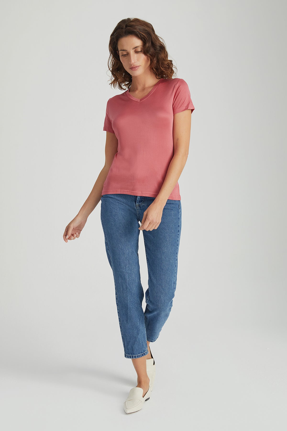 Karpuz Marina İpekli V Yaka  Kısa Kollu T-Shirt