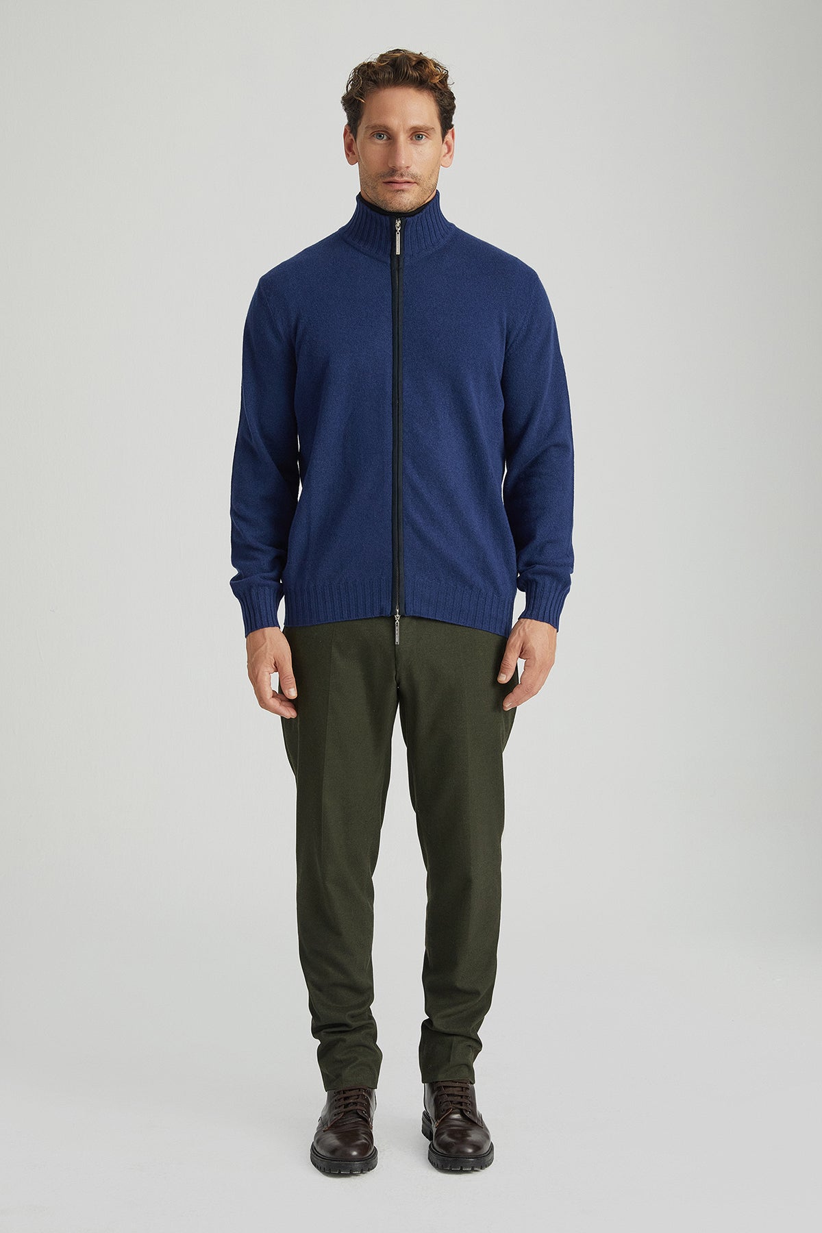 Lacivert Saf Kaşmir Deri Biyeli Yarım Balıkçı Yaka Fermuarlı Erkek Hırka