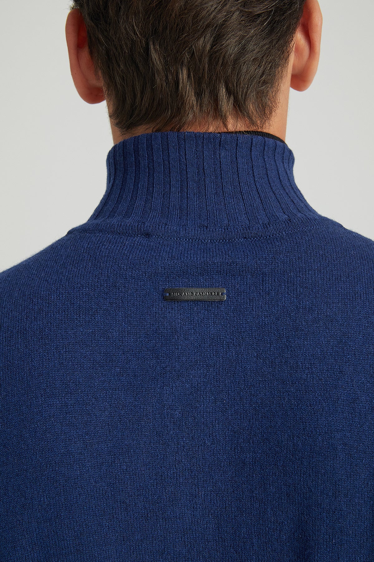 Lacivert Saf Kaşmir Deri Biyeli Yarım Balıkçı Yaka Fermuarlı Erkek Hırka