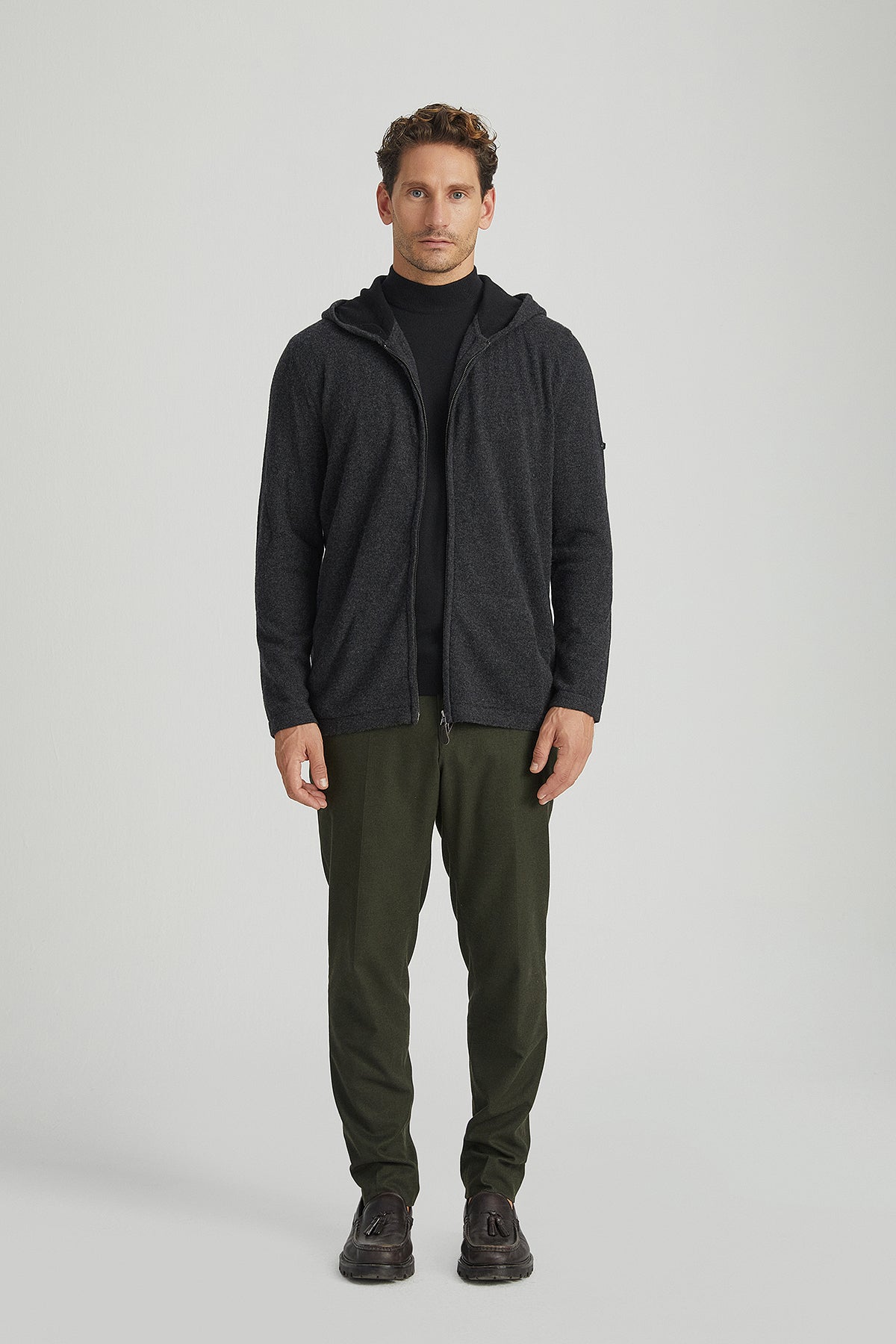 Antrasit Saf Kaşmir Scott Erkek Kapüşonlu Hırka