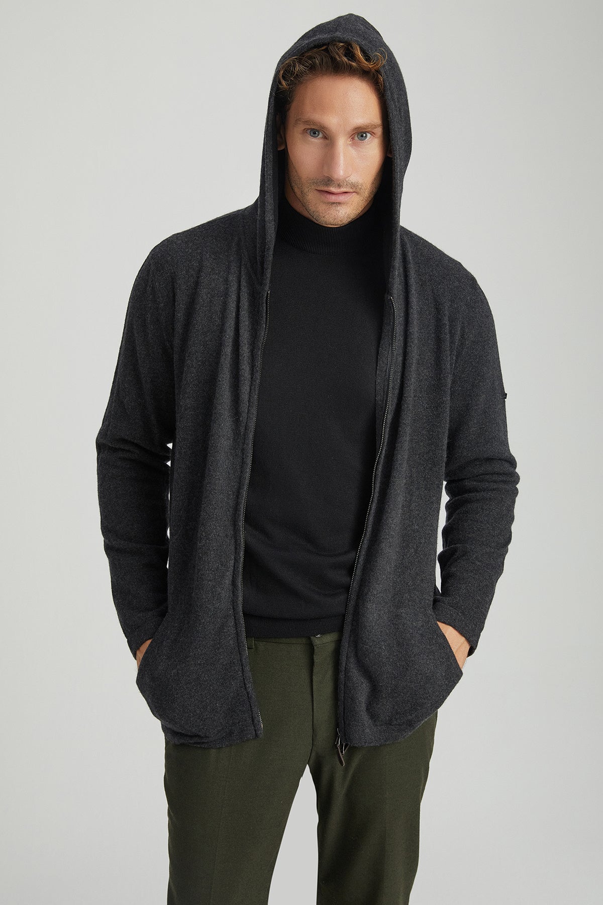 Antrasit Saf Kaşmir Scott Erkek Kapüşonlu Hırka