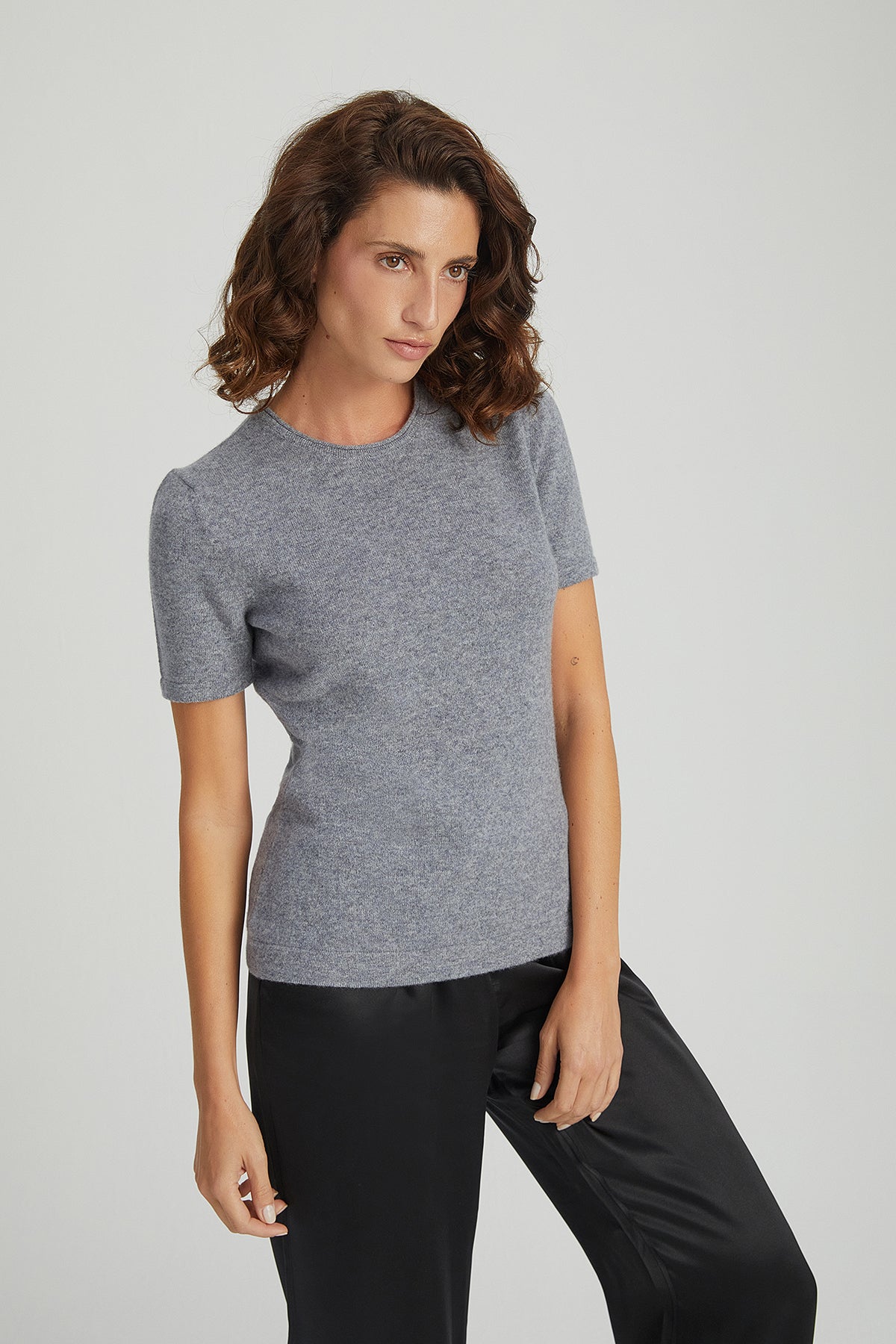 Orta Gri Melanj Lilly Saf Kaşmir Bisiklet Yaka Tişört
