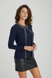 Lacivert Kaşmir Yün Merril Yuvarlak Yaka Taş Süs Detaylı Hırka