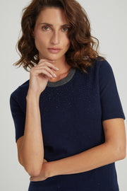 Lacivert Kaşmir Yün Merril Yuvarlak Yaka Taş Süs Detaylı Kısa Kollu Triko