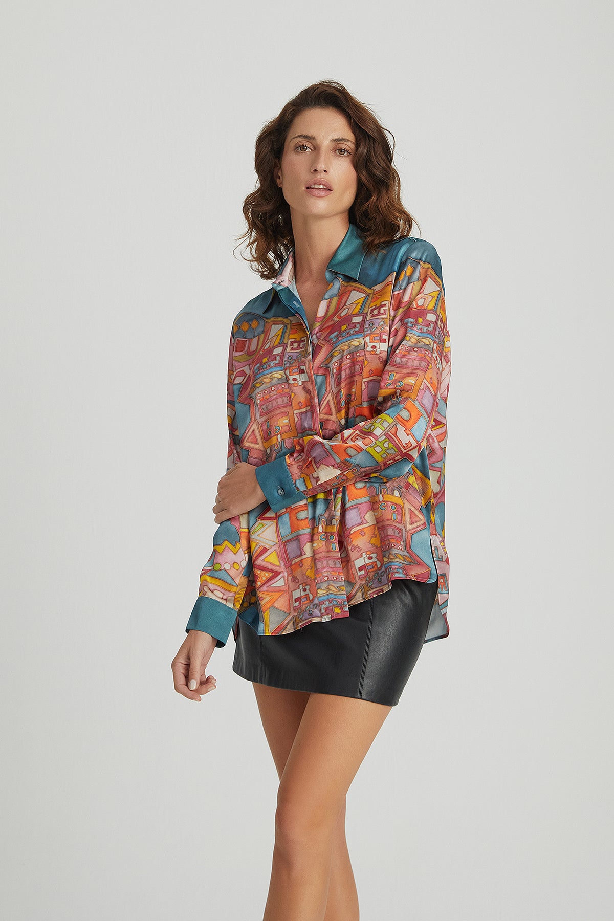 Açık Mavi Astrid Saf İpek Baskılı Gömlek