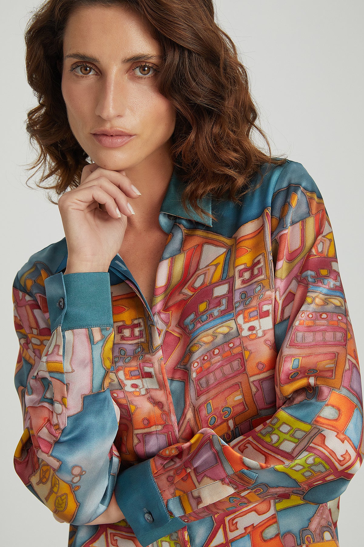 Açık Mavi Astrid Saf İpek Baskılı Gömlek