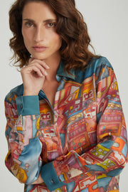 Açık Mavi Astrid Saf İpek Baskılı Gömlek