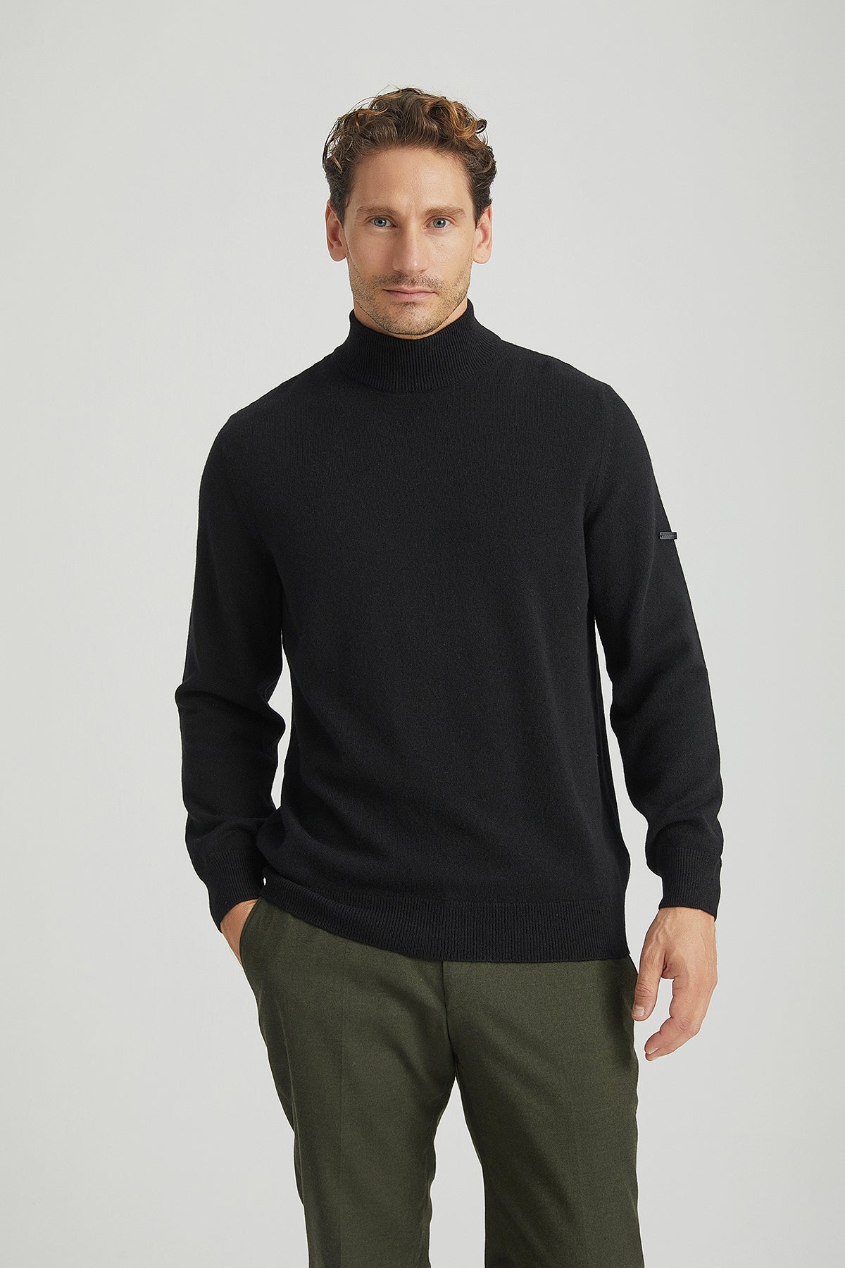 Siyah Saf Kaşmir Yarım Balıkçı Yaka Erkek  Kazak