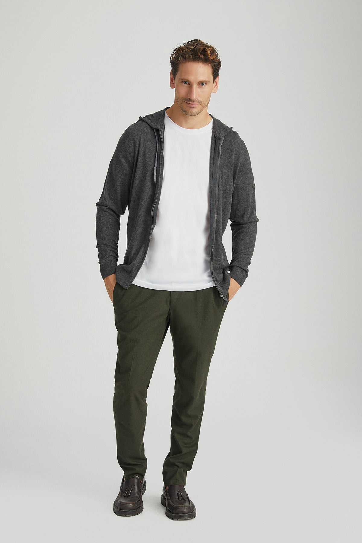 Antrasit İpek Kaşmir Utku Uzun Kollu Erkek Kapüşonlu Hırka