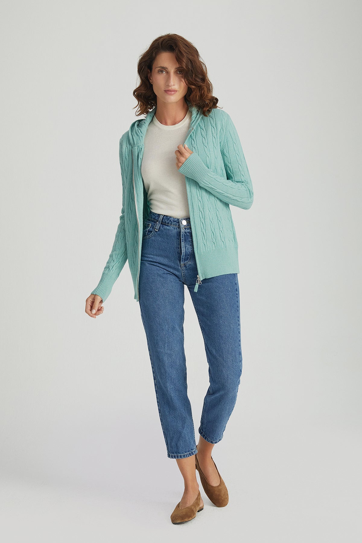 Açık Yeşil Amelia Avusturalya Yün ve Kaşmir Kapüşonlu Hırka