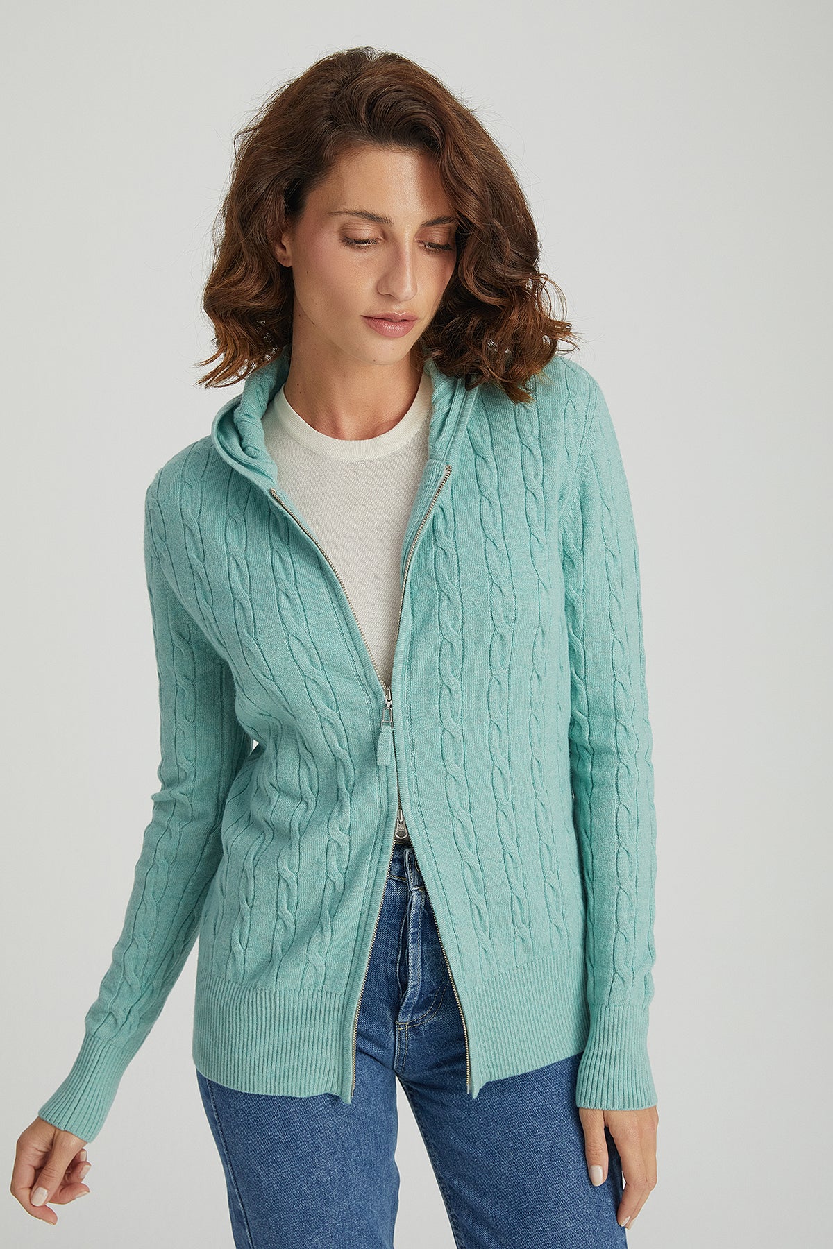 Açık Yeşil Amelia Avusturalya Yün ve Kaşmir Kapüşonlu Hırka