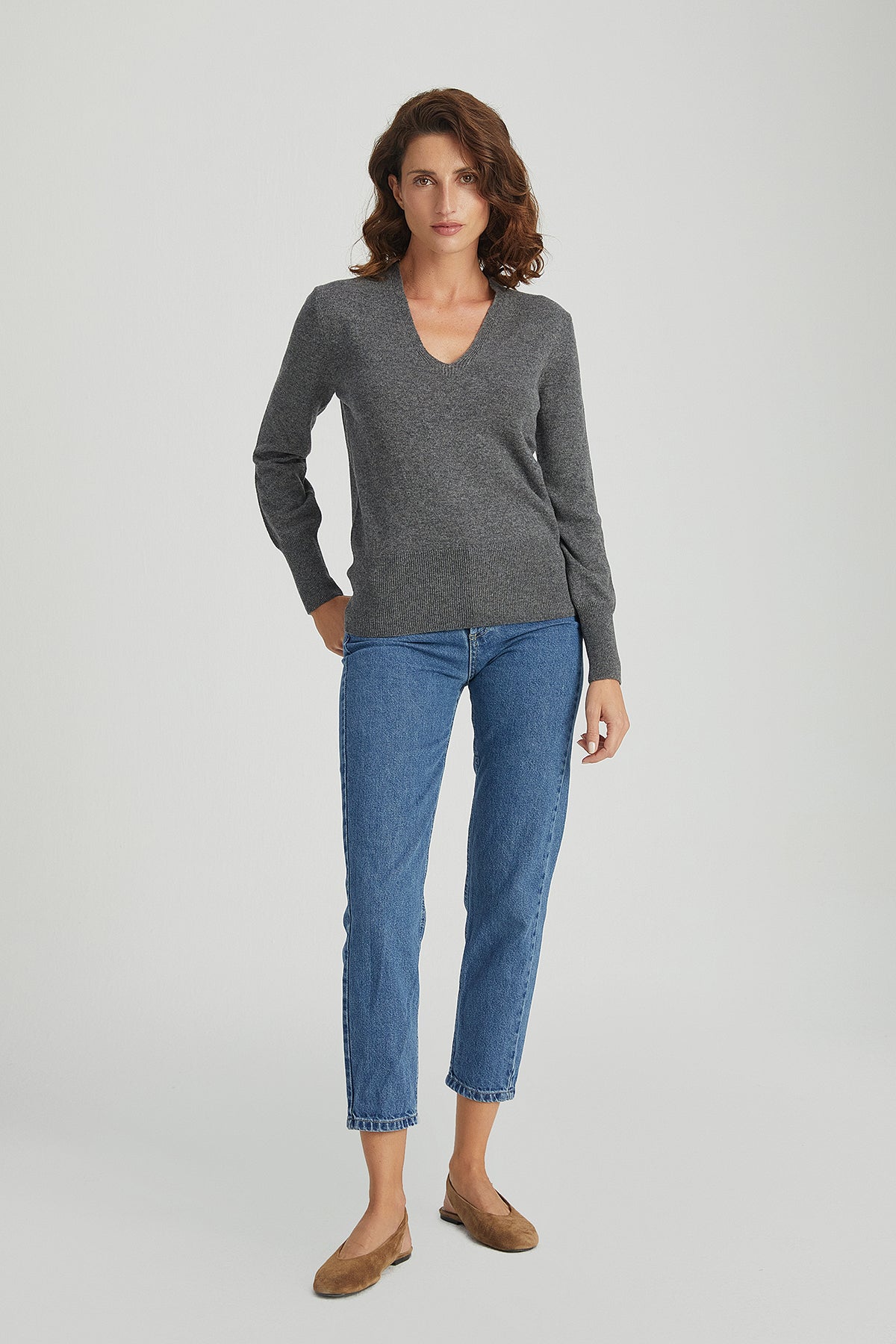 Orta Gri Melanj Franca Saf Kaşmir Derin V Yaka Kazak