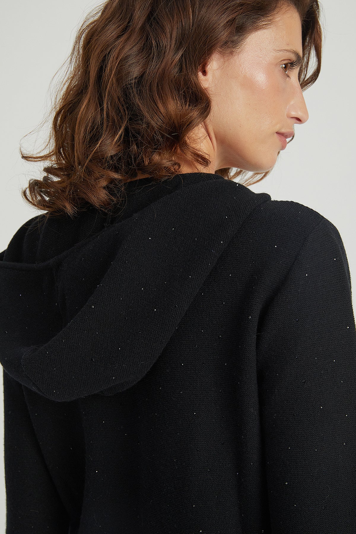 Siyah Sky Avusturalya Yün ve Kaşmir Taşlı Kapüşonlu Hırka