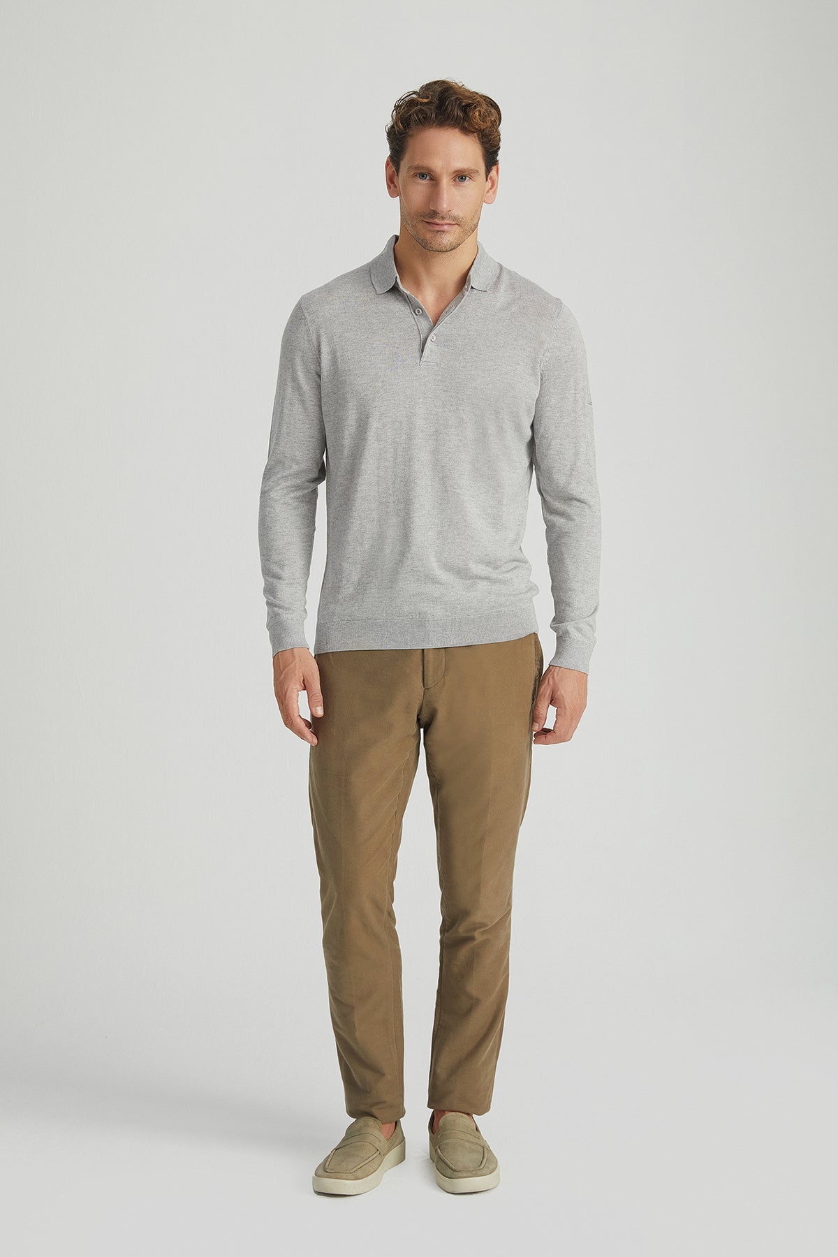 Açık Gri İpek ve Kaşmir Polo Yaka Uzun Kollu Utku Erkek Triko