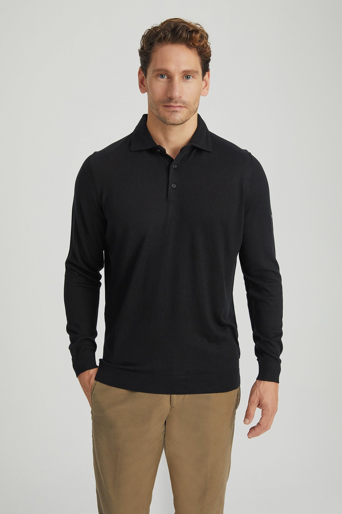 Siyah İpek Kaşmir Utku Uzun Kollu Erkek Polo