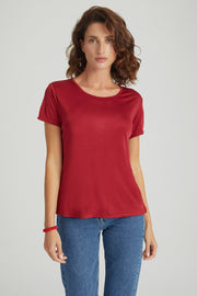 Kırmızı Marina İpekli Yuvarlak Yaka Kısa Kollu T-Shirt