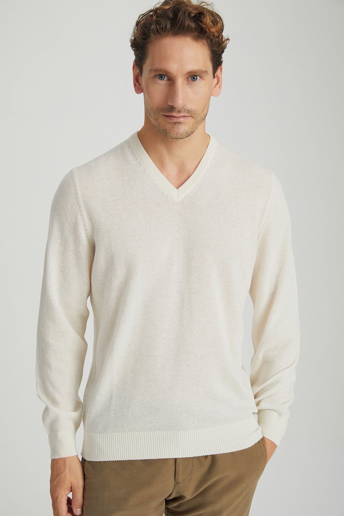 Ekru Vincent Saf Kaşmir V Yaka Uzun Kollu Erkek Kazak