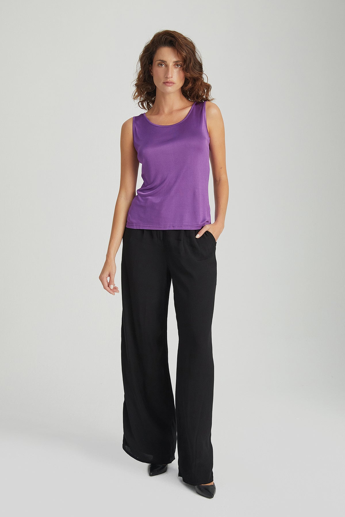 Mor Marina İpekli Yuvarlak Yaka Kolsuz T-Shirt