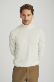 Ekru İpek ve Kaşmir Balıkçı Yaka Uzun Kollu Utku Erkek Triko