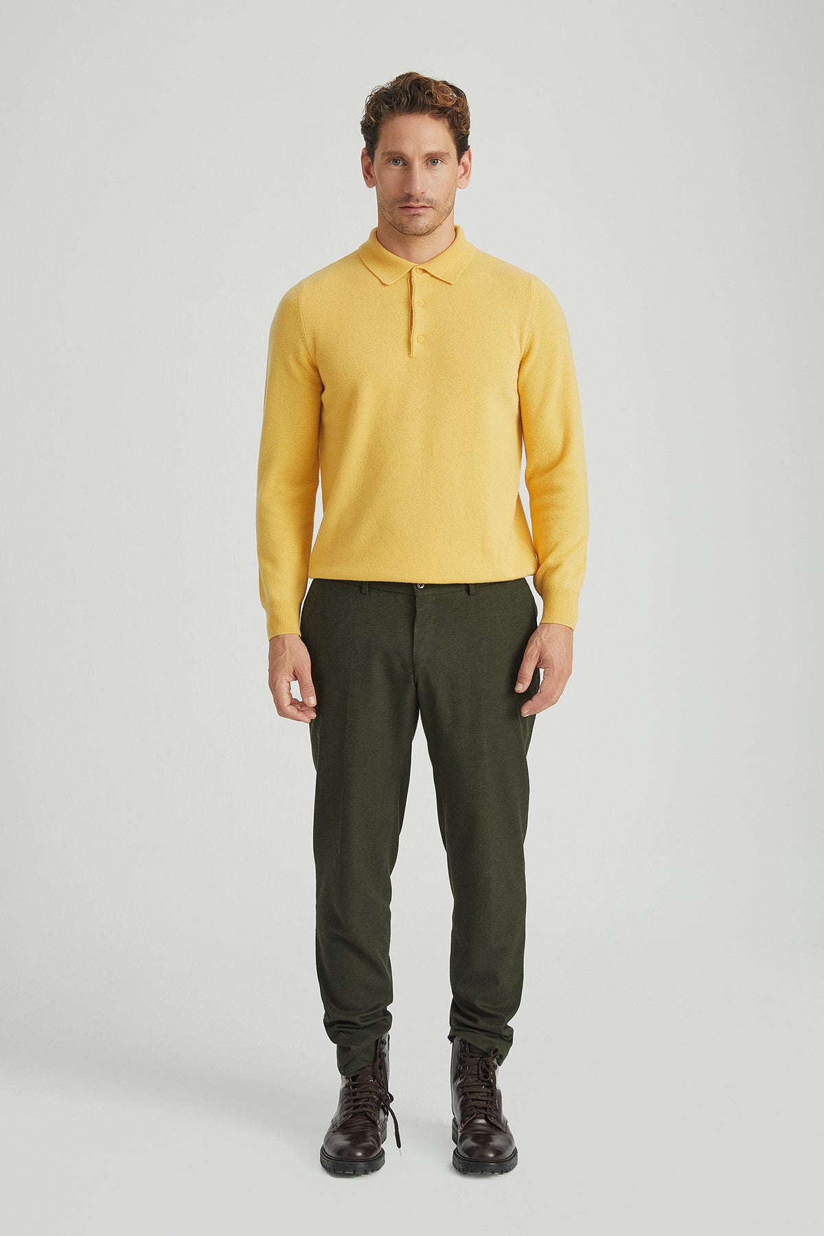 Koyu Sarı Saf Kaşmir Polo Kazak