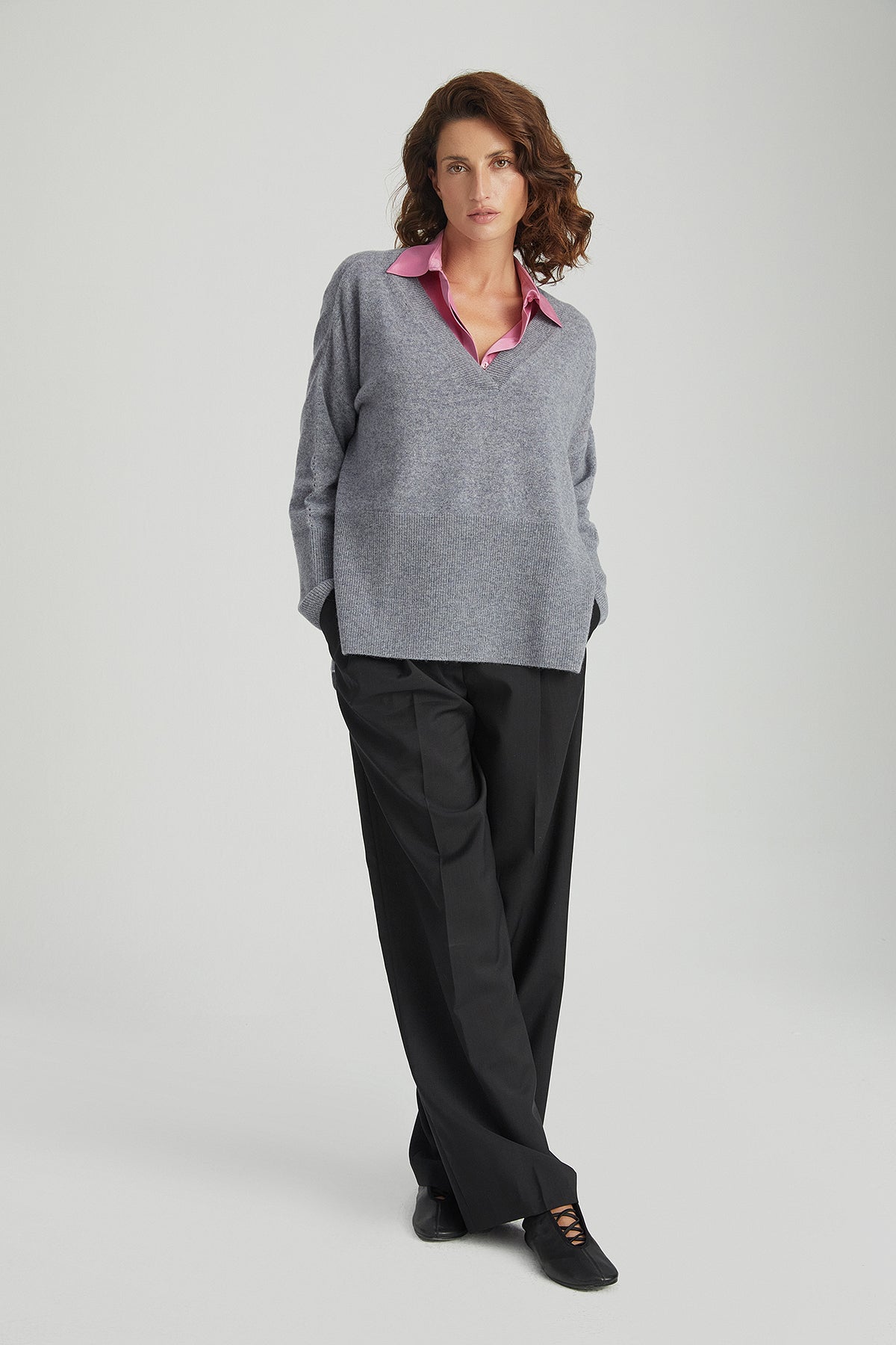Orta Gri Melanj Isabella Saf Kaşmir Derin V Yaka Kazak