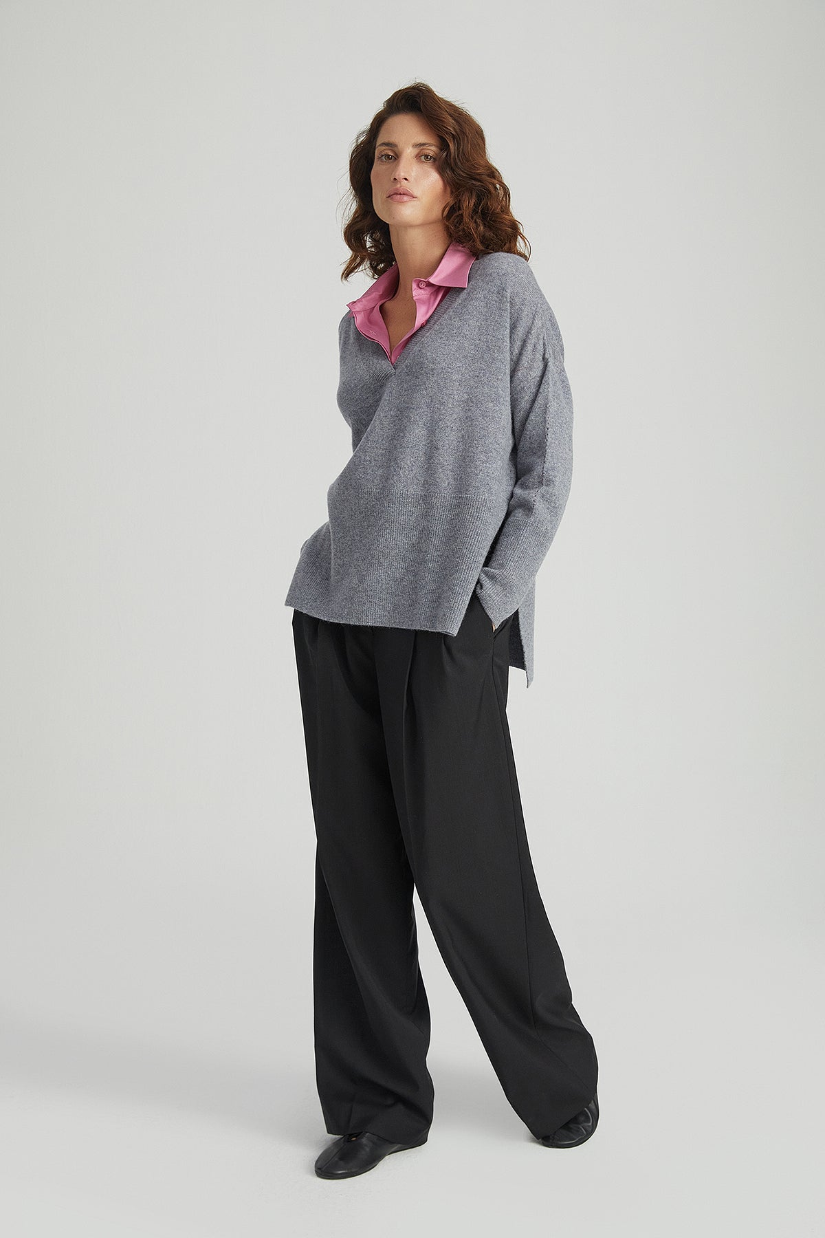 Orta Gri Melanj Isabella Saf Kaşmir Derin V Yaka Kazak