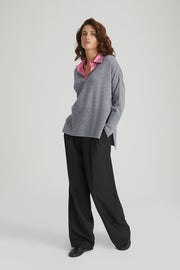 Orta Gri Melanj Isabella Saf Kaşmir Derin V Yaka Kazak