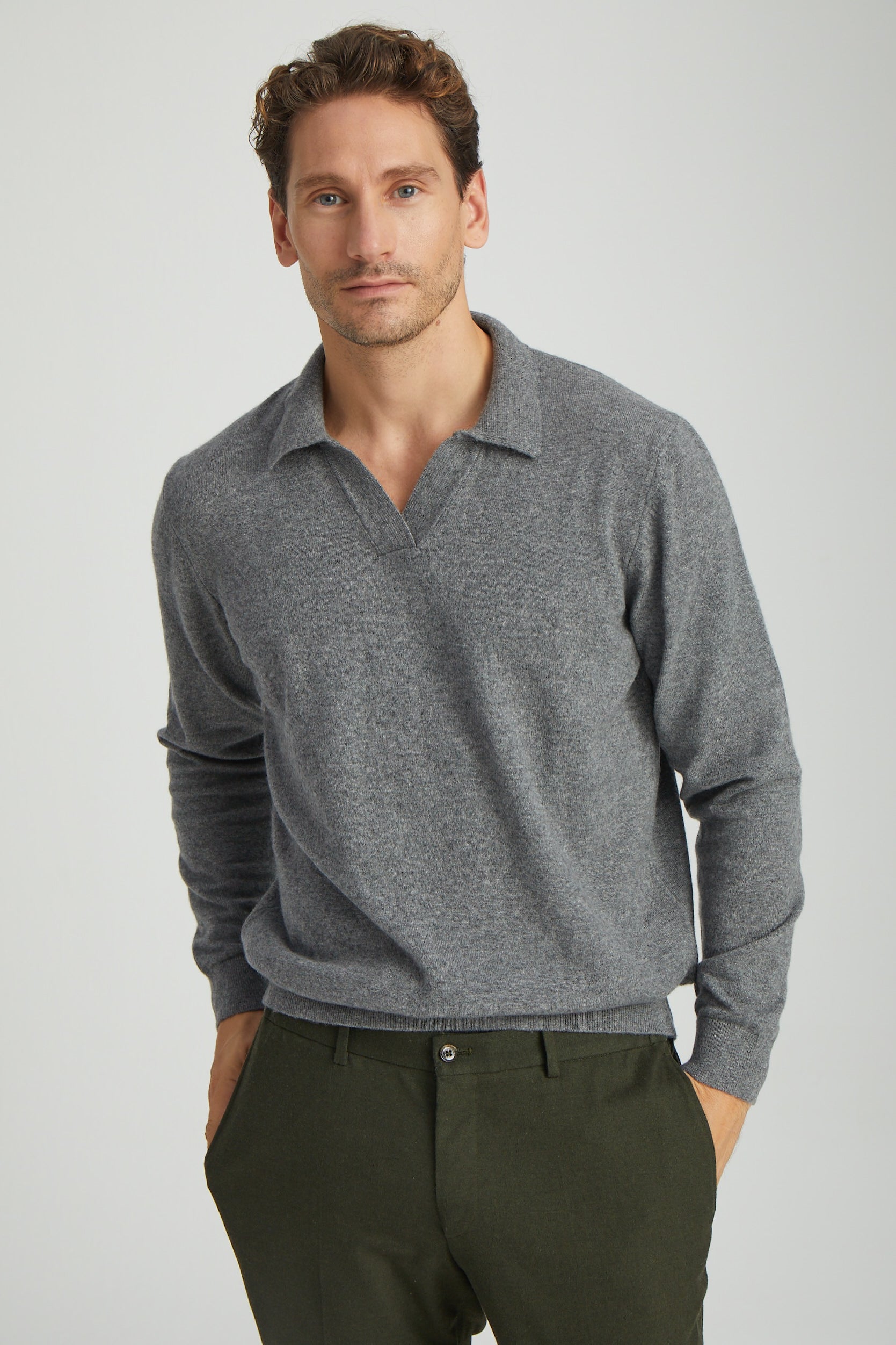 Orta Gri Melanj Kaşmir ve Yün Geri Dönüştürülmüş  Reloved Polo Yaka Erkek Kazak