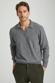 Orta Gri Melanj Kaşmir ve Yün Geri Dönüştürülmüş  Reloved Polo Yaka Erkek Kazak