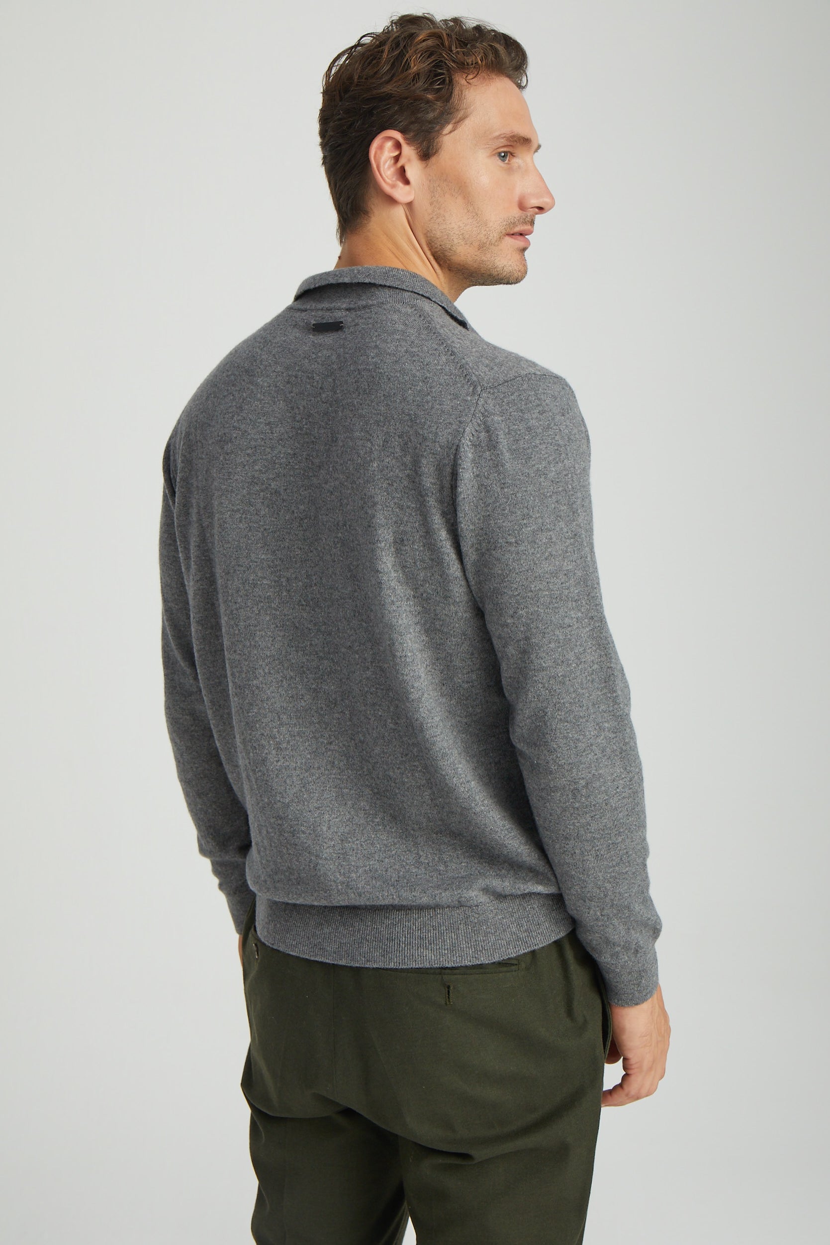 Orta Gri Melanj Kaşmir ve Yün Geri Dönüştürülmüş  Reloved Polo Yaka Erkek Kazak