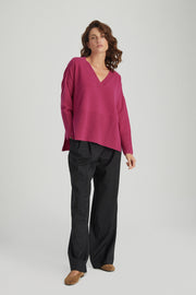 Koyu Pembe Isabella Saf Kaşmir Derin V Yaka Kazak