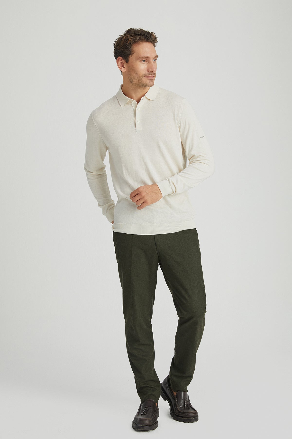 Ekru İpek ve Kaşmir Polo Yaka Uzun Kollu Utku Erkek Triko