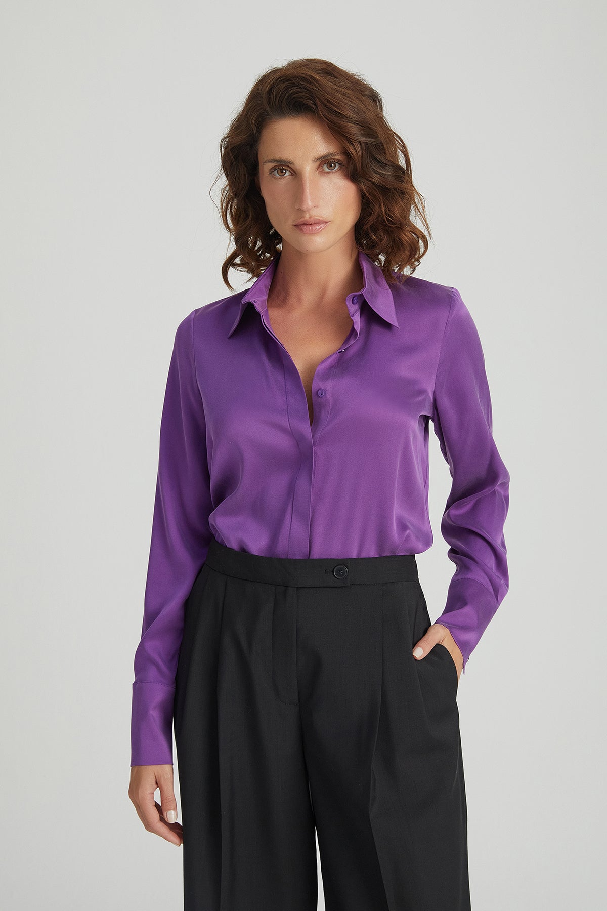 Mor Saf İpek Audrey Uzun Kollu Gömlek