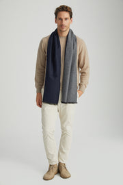 Lacivert Saf İpek Lotus Çift Renkli Atkı 30x177