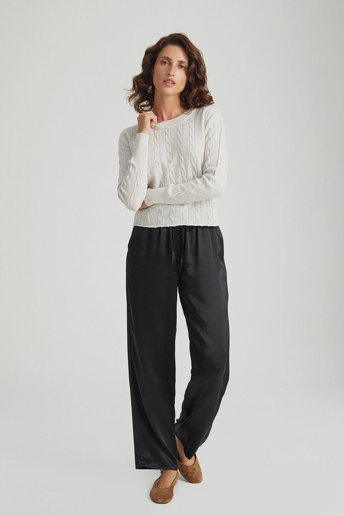 Ekru Melanj Amelia Avusturalya Yün ve Kaşmir  Yuvarlak Yaka Kısa Kazak