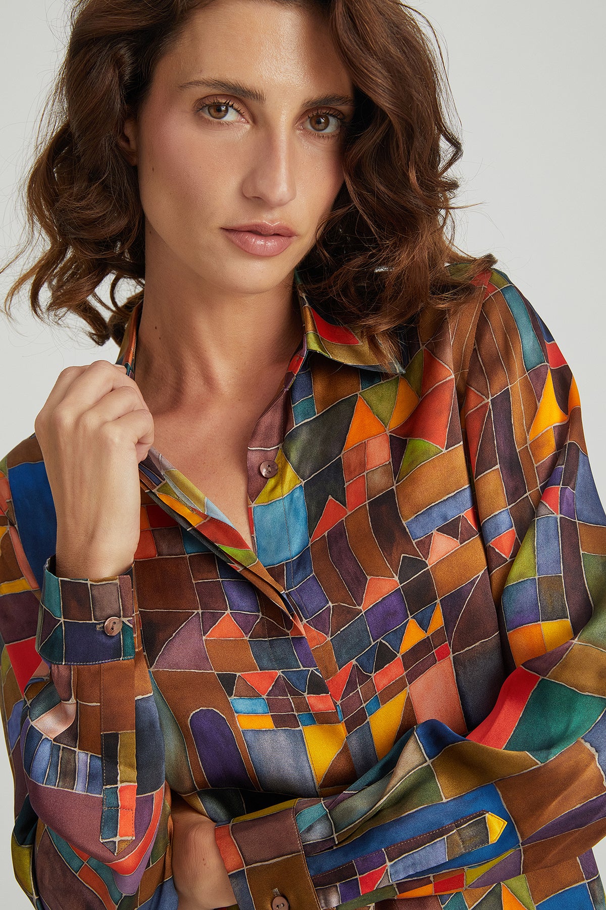 Renkli Astrid Saf İpek Baskılı Gömlek