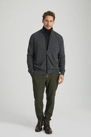 Antrasit Lacivert Saf Kaşmir Deri Biyeli Yarım Balıkçı Yaka Fermuarlı Erkek Hırka