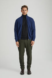 Lacivert Saf Kaşmir Deri Biyeli Yarım Balıkçı Yaka Fermuarlı Erkek Hırka