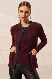 Şarap Merill Merino Yünü Kaşmir Işıltılı Taş Detaylı Yuvarlak Yaka Uzun Kollu Kadın Hırka Woman