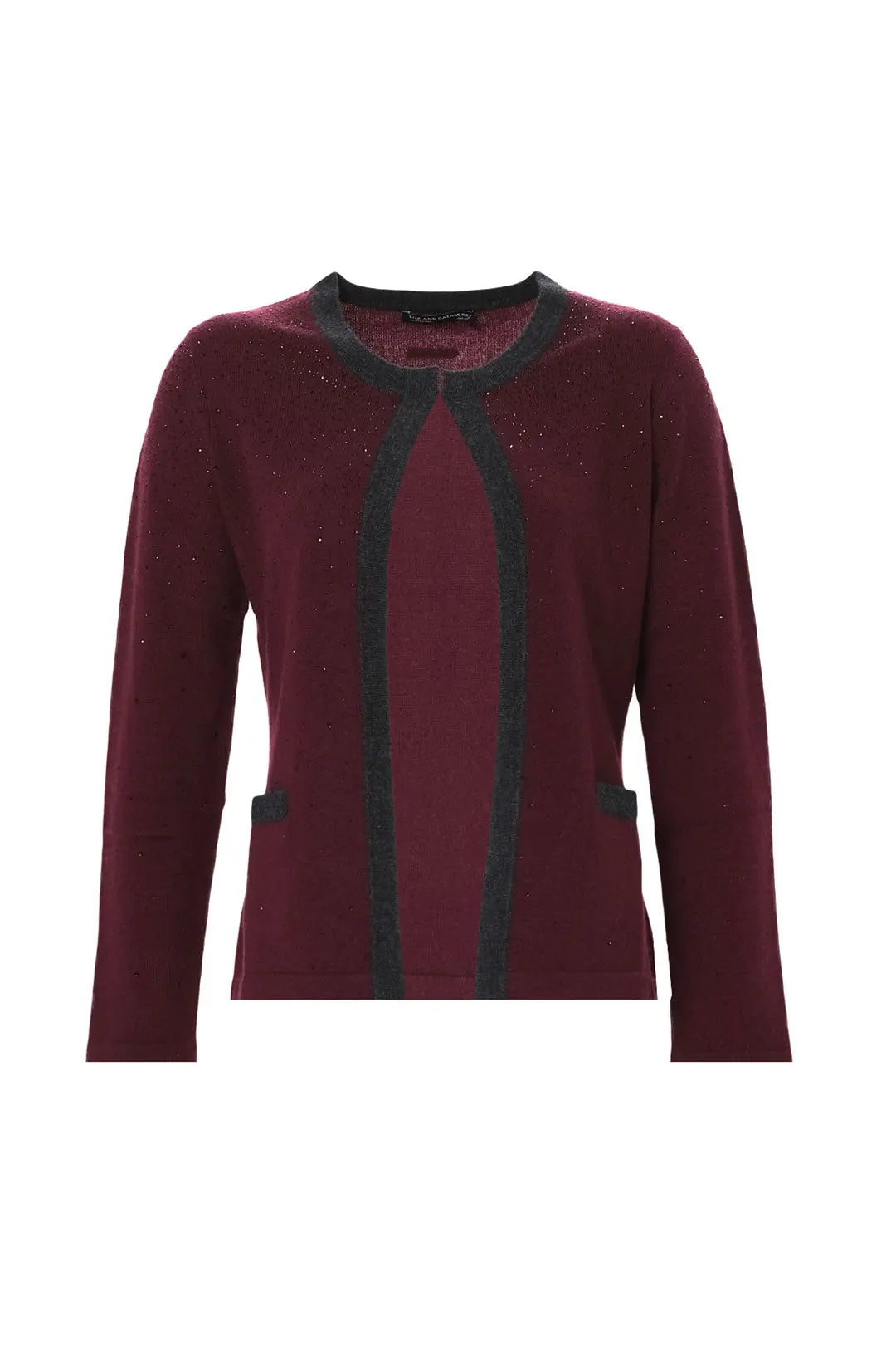 Şarap Merill Merino Yünü Kaşmir Işıltılı Taş Detaylı Yuvarlak Yaka Uzun Kollu Kadın Hırka Woman