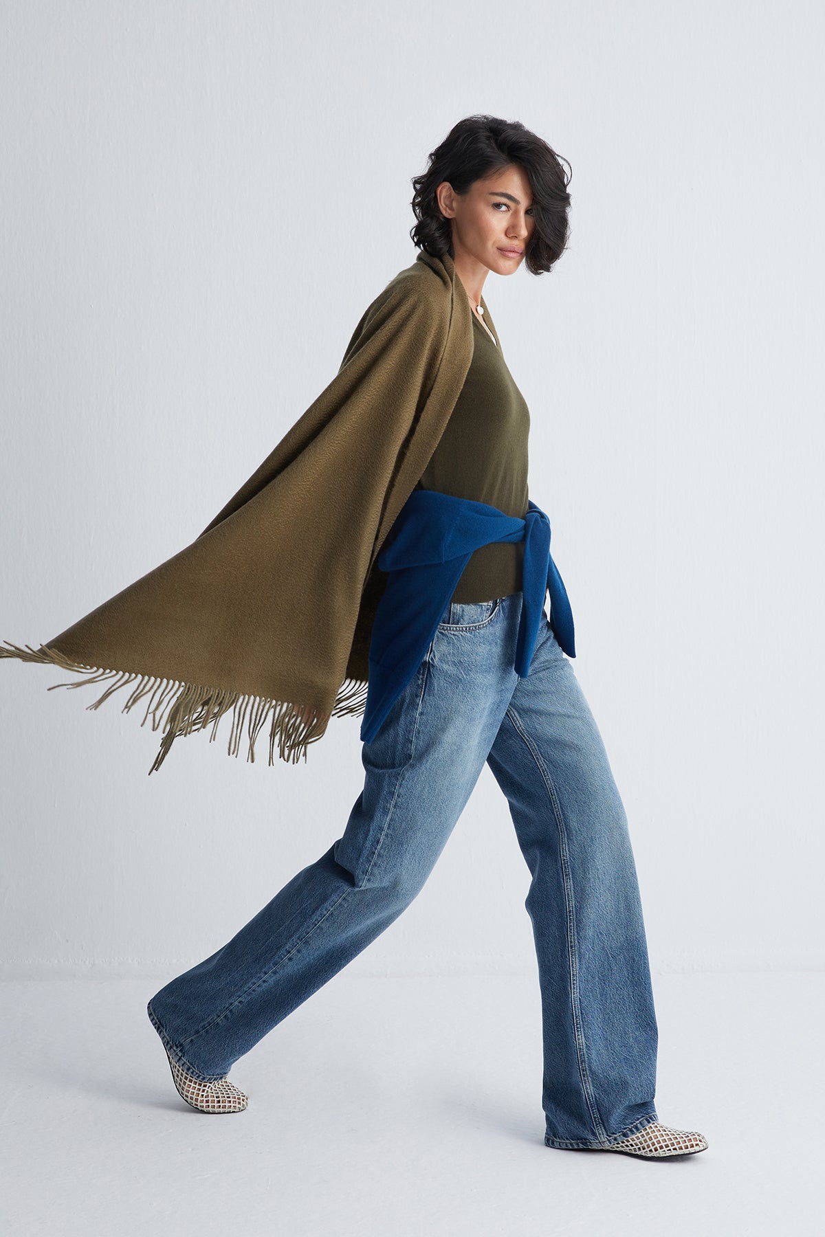 Haki Rose Saf Kaşmir Şal 180x60 cm