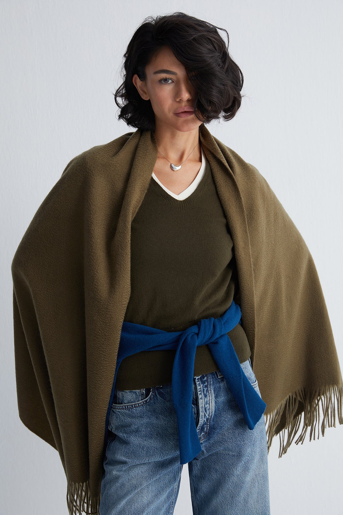 Haki Rose Saf Kaşmir Şal 180x60 cm