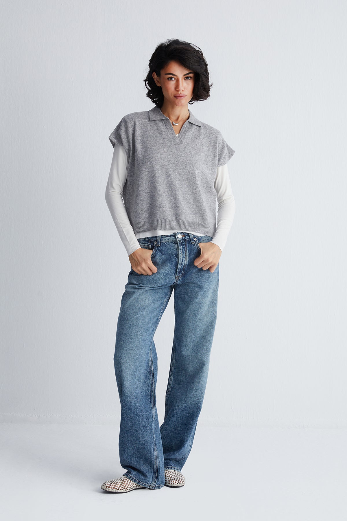 Açık Gri Vanessa Saf Kaşmir Kısa Kollu Polo