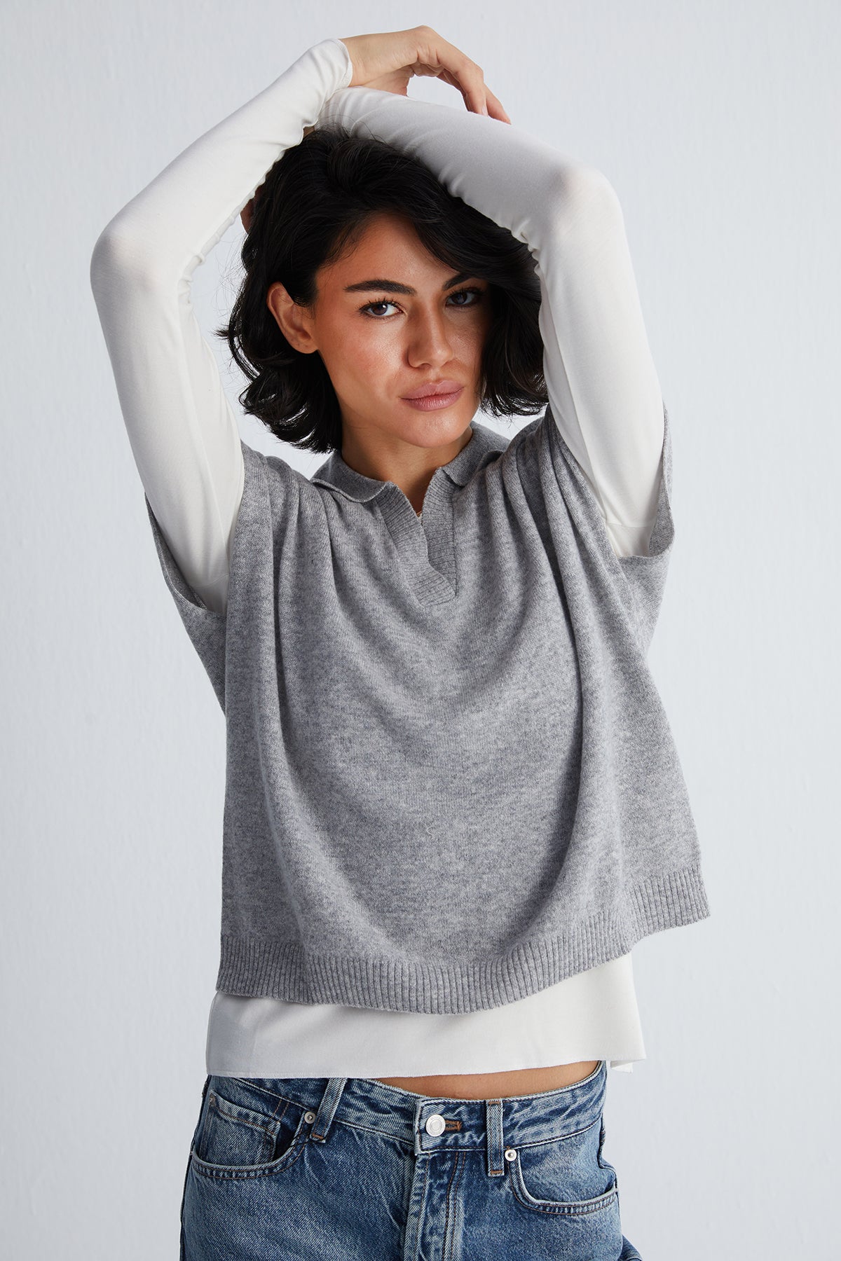 Açık Gri Vanessa Saf Kaşmir Kısa Kollu Polo